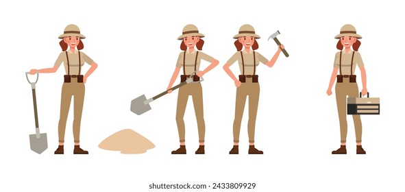 Set of Archaeologist woman wear brown suit character vector illustration design. Presentation in various action.