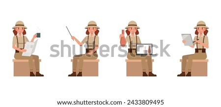 Set of Archaeologist woman wear brown suit character vector illustration design. Presentation in various action. Foto d'archivio © 