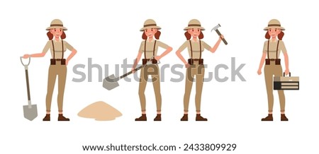 Set of Archaeologist woman wear brown suit character vector illustration design. Presentation in various action. 商業照片 © 