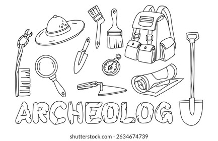 ensemble d'objets archéologiques avec l'inscription Archaeologist doodle en monochrome. Brosses, carte, pelle, boussole, chapeau, sac à dos. pour affiches scientifiques, livres, articles, matériel éducatif