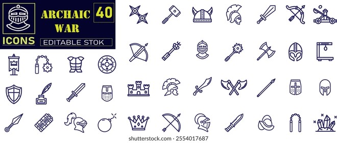 Set of Archaic War Related Vector Line Icons.