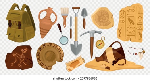 Set with archeology ancient artifacts on transparent background with isolated images of historical remains and tools vector illustration