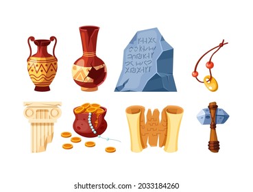 Set of archeology artifacts ancient. Amphora, papyrus script, cave drawings, ax, pot of gold coins, whole and cracked vases, antique column. Historic civilization exploration vector cartoon
