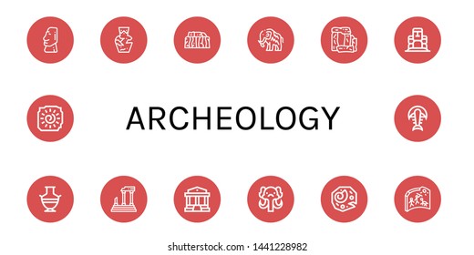 Set Of Archeology Icons Such As Moai, Amphora, Stonehenge, Mammoth, Greek Vase, Parthenon, Fossil, Cave Painting , Archeology