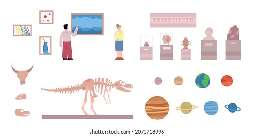 Set of archeology museum exhibits and visitors, flat vector illustration isolated on white background. History and archeology museum items collection.