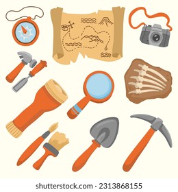 Set of Archeology Objects Cute Hand Drawn Illustration