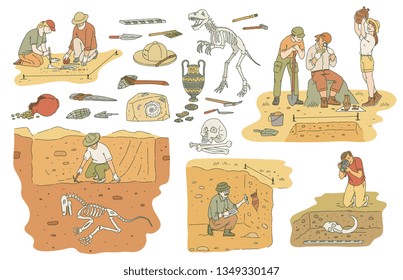 Set of archeology tools and people working on excavation sketch style, vector illustration isolated on white background. Archaeologists researching ancient artifacts and bones