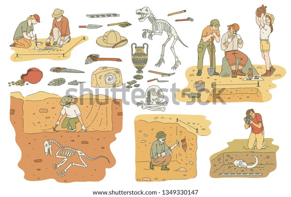 白い背景に考古学の道具と発掘調査の人物 ベクターイラスト 古代の工芸品や骨を研究する考古学者 のベクター画像素材 ロイヤリティフリー