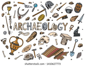 Set of archeology tools, science equipment, artifacts. Excavated fossils and ancient bones. Hand drawn Doodle sketch style. 