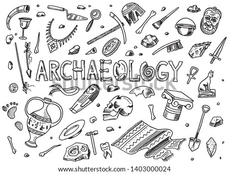 Set of archeology tools, science equipment, artifacts. Excavated fossils and ancient bones. Hand drawn Doodle sketch style. 