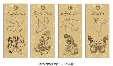 Set with Archer, Capricorn, Aquarius and Pisces Zodiac symbols banners on texture. Hand drawn graphic illustration. Template background, suitable for print, card, poster, bookmark