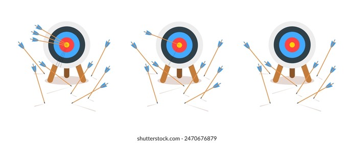 Satz von Bogenschießpfeil-Brettern mit Pfeilen, die ein Bullseye treffen oder fehlen. Sportspiel oder Geschäftsstrategie. Erfolg oder Misserfolg, Zielerreichung oder Fehlerkonzept. Vektorgrafik Cartoon Illustration.