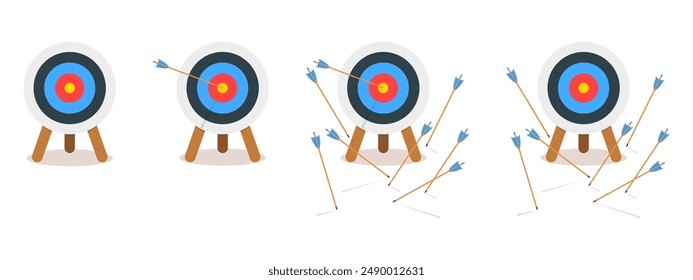 Set of archery dartboards with arrows hitting or missing bullseye. Target rings on tripods isolated on white background. Success or failure, win or lose concept. Vector cartoon illustration.