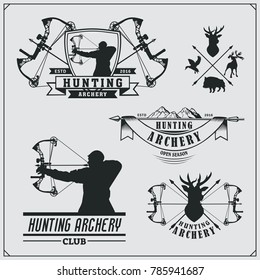 Set of archery sports emblems, labels and design elements. Vector illustration.