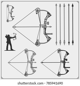 Set of archery sports emblems, labels and design elements. Vector illustration.