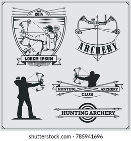 Set of archery sports emblems, labels and design elements. Vector illustration.