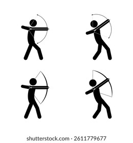 Set of archery stick figures isolated on white background. Flat style, vector illustration.