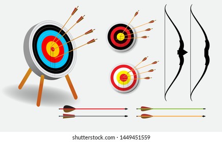 set of archery target with arrows in white background isolated. easy to modify