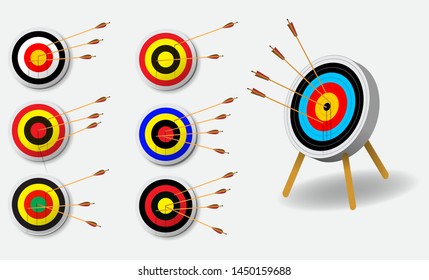 set of archery target with arrows in white background isolated. easy to modify-