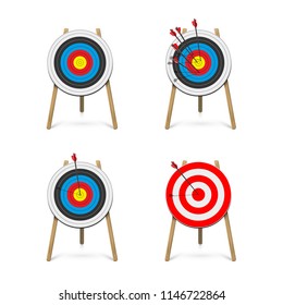 Set of archery target stands with arrows. Vector illustration.