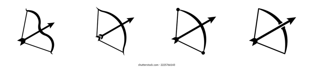 Set Of Archery Vector Icons On White Background. Archer With Arrows. Bow And Arrow Black Icon. Vector 10 Eps.