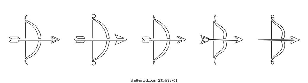 Set of archery vector icons on white background. Archer with arrows. Bow and arrow black icon. Vector 10 Eps.