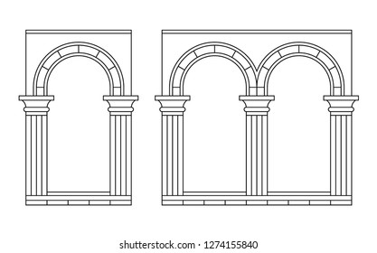 Set of arches with columns. Vector illustration, linear silhouette.