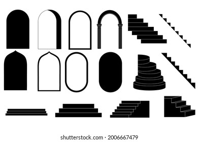 Set of arches and stairs silhouettes. Vector illustration.