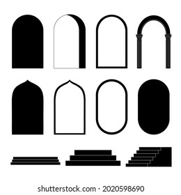 Set of arches and stairs silhouettes. Vector illustration of frames.