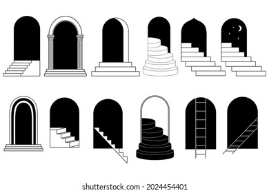 Reihe von Bögen, Treppen Silhouetten. Vektorgrafik.