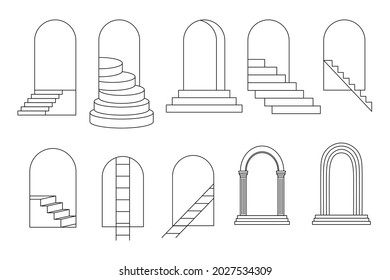 Set of arches, stairs silhouettes. Vector outline illustration.