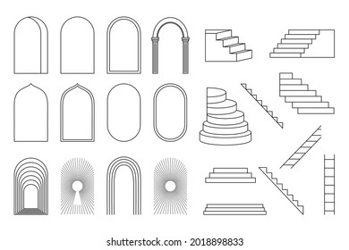 Set of arches and stairs. Vector illustration of frames in a minimal linear style.
