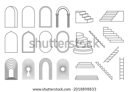 Set of arches and stairs. Vector illustration of frames in a minimal linear style.