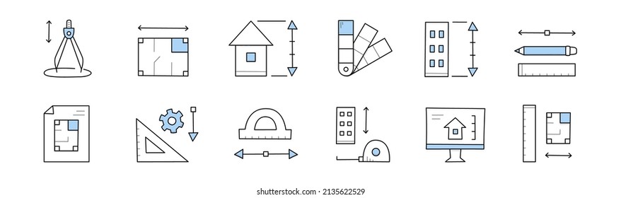 Set Architect Doodle Icons, Building Project, Compass, Architecture Flat Blueprint Layout, House Plan, Color Palette, Protractor, Pencil, Measuring Instruments, Pc Desktop Line Art Vector Illustration