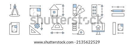 Set architect doodle icons, building project, compass, architecture flat blueprint layout, house plan, color palette, protractor, pencil, measuring instruments, pc desktop Line art vector illustration