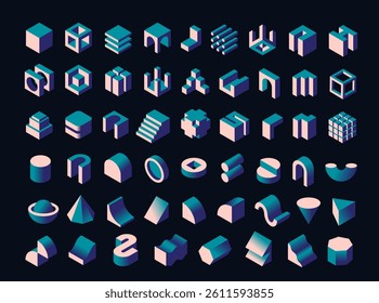 Set of architectural blocks. Abstract icons with geometric figures, cube, cylinder, arches and steps. Creative design elements. Isometric 3D vector illustration collection isolated on background