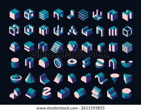 Set of architectural blocks. Abstract icons with geometric figures, cube, cylinder, arches and steps. Creative design elements. Isometric 3D vector illustration collection isolated on background