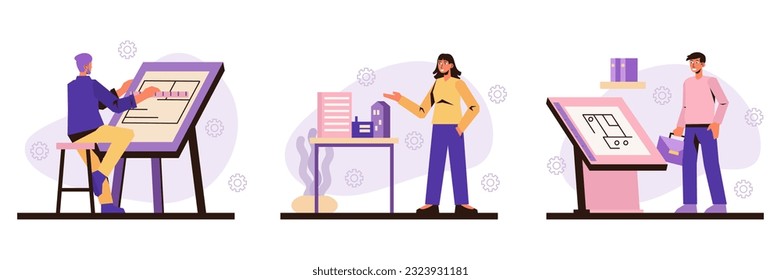 Set of architectural bureau workers working on project. Building construction planning. House design and layout presentation concept. Flat vector illustration in purple colors