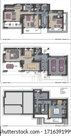 Set of architectural colorful floor plans of a single family, 3-bedroom, 3-lewel residential house, 2d vector drawing