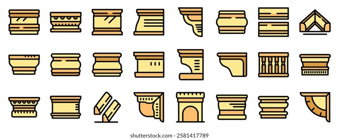 Set of architectural cornices and moldings, providing various decorative elements for enhancing building aesthetics