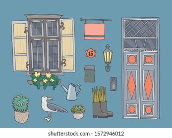 Set of architectural details of old house. Hand-drawn vector illustration.