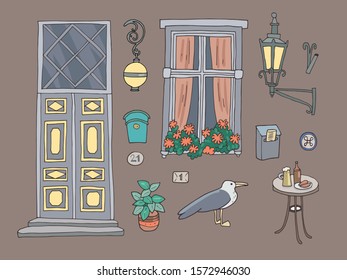 Set of architectural details of old house. Hand-drawn vector illustration.