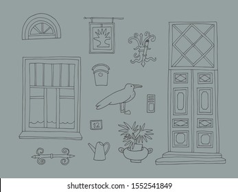 Set of architectural details on a gray background. Street elements of old european town. Hand-drawn vector illustration.