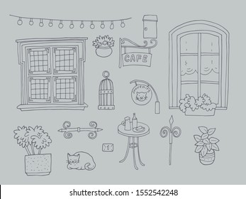Set of architectural details on a gray background. Street elements of old european town. Hand-drawn vector illustration.
