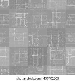Set of architectural drawings on gray background, seamless pattern. Vector illustration.