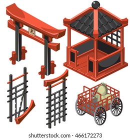 A set of architectural elements in Oriental style. Pagoda and gate black and red. Vector illustration.
