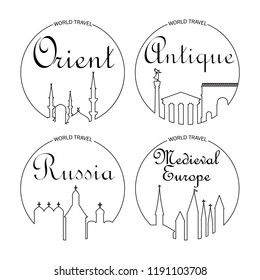 Set of architectural icons made in vector.Stylized image of Ancient monuments for a tourist map or other design. Line style.
