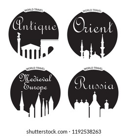 Set of architectural icons made in vector.Stylized image of Ancient monuments for a tourist map or other design. Line style.