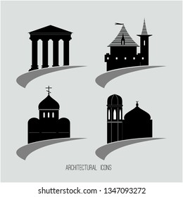 Set of architectural icons made in vector.Stylized image of Ancient monuments for a tourist map or other design. 