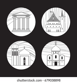 Set of architectural icons made in vector.Stylized image of Ancient monuments for a tourist map or other design. Line style.
